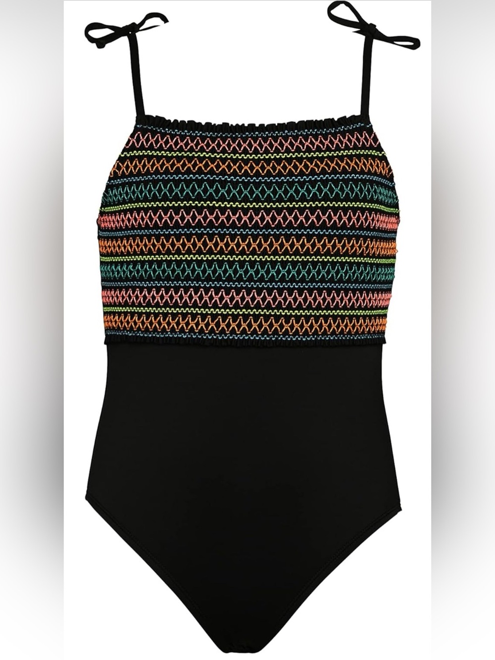 Hobie Black One-Piece Swimsuit with Multicolor Smocked Bodice